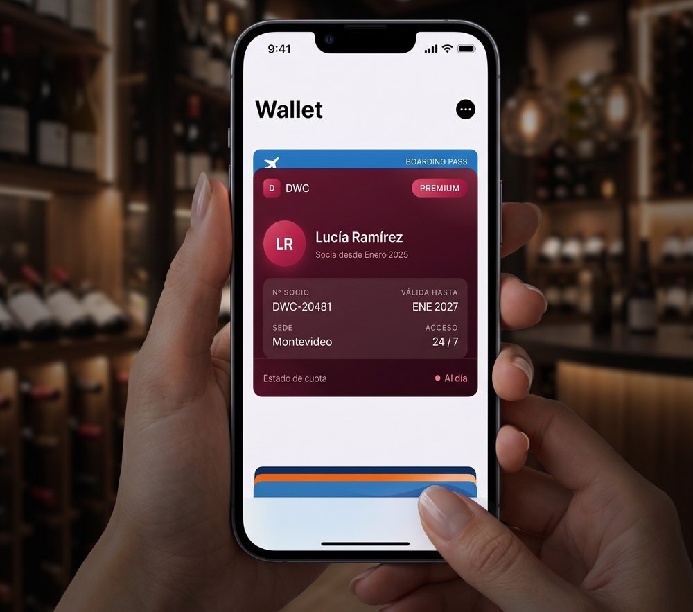 Socia mostrando su pase DWC en Apple Wallet, en una bodega